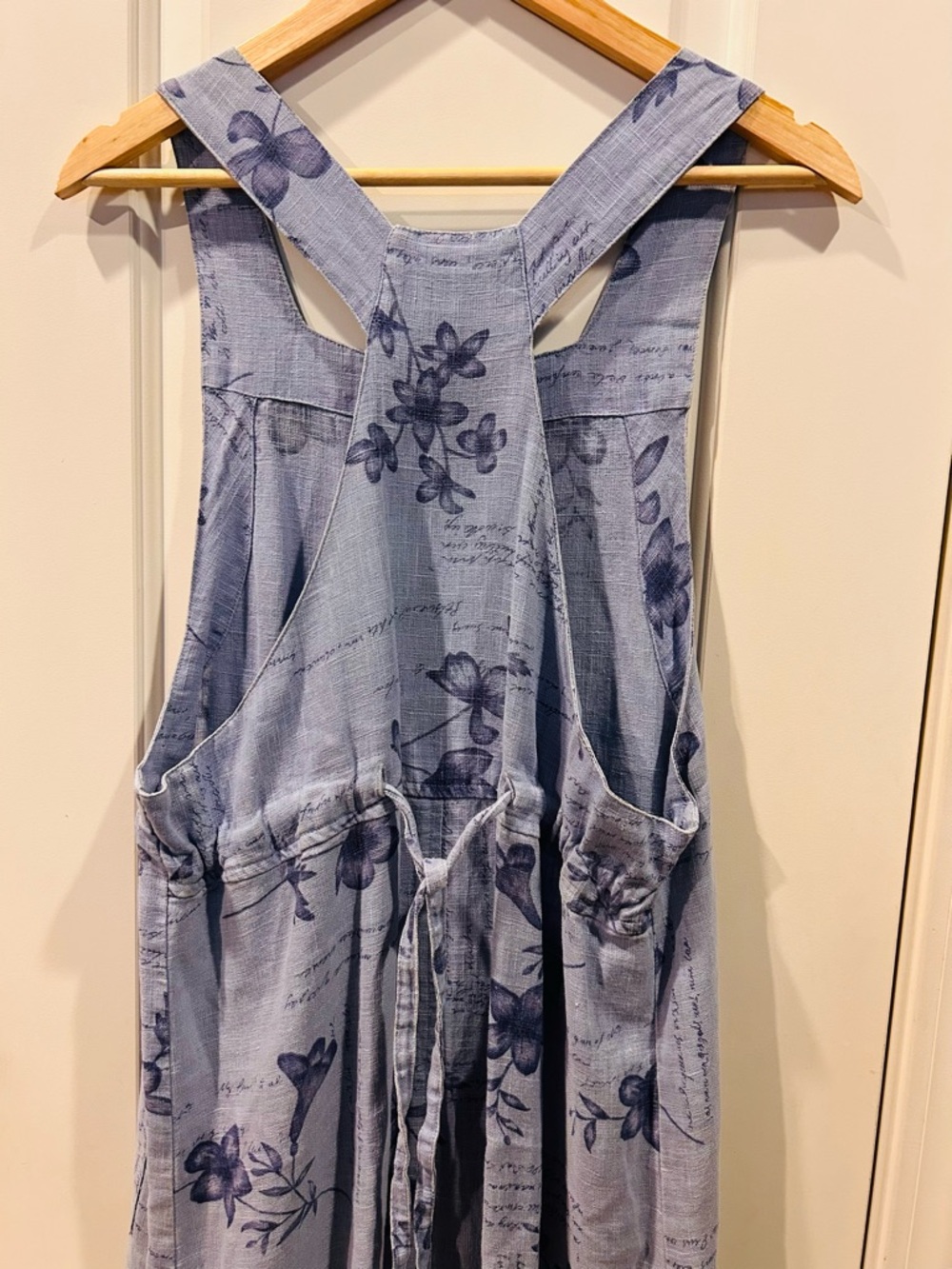 100% Linen Maxi Jumper Dress Light Blue Floral Scoop-Neck - Picture 6 of 9